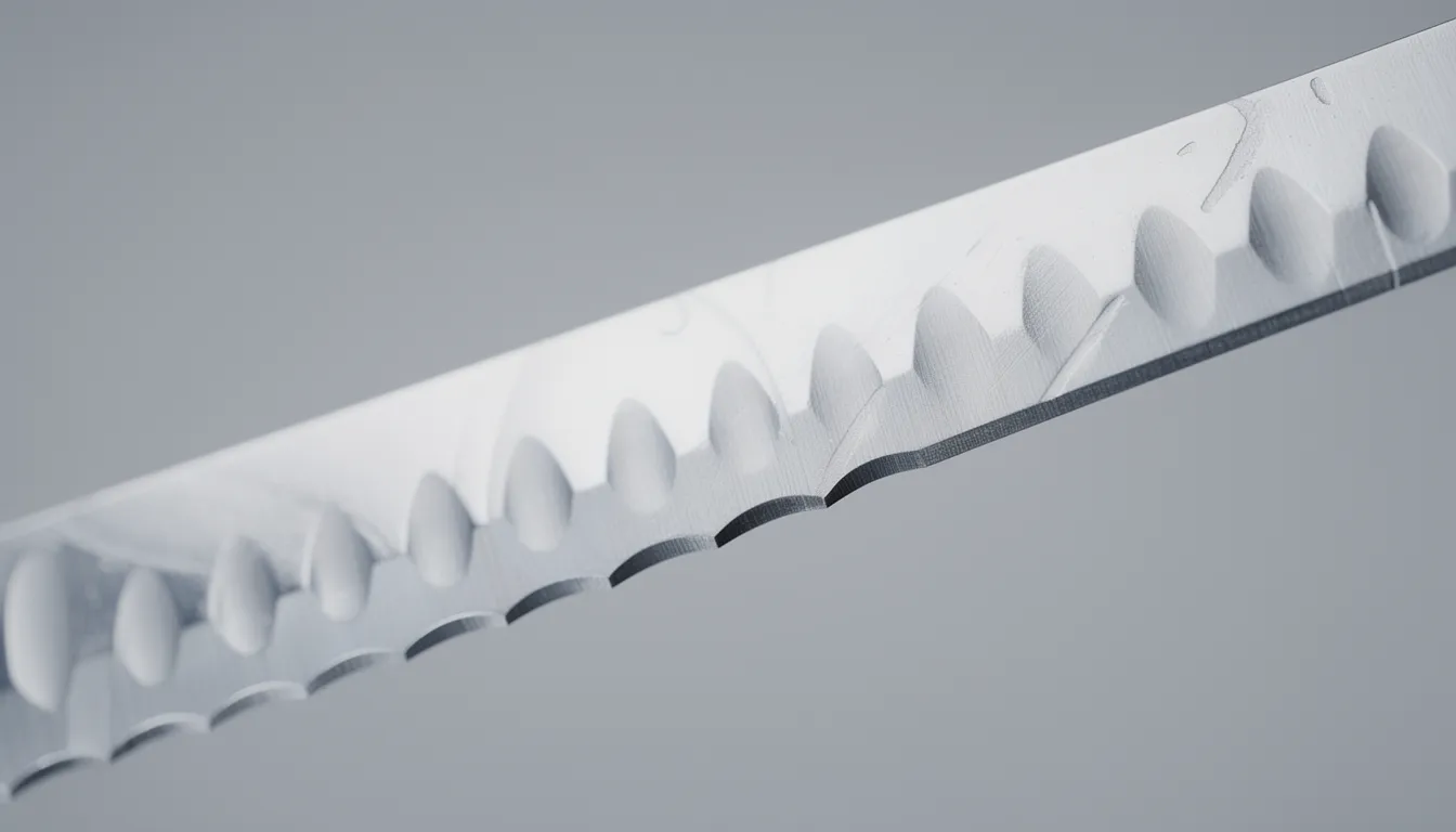 Detaljerad närbild av 90mm satt dönerknivblad för Dost-maskiner med tydlig tandrad, metallisk reflektion och studio ljus.