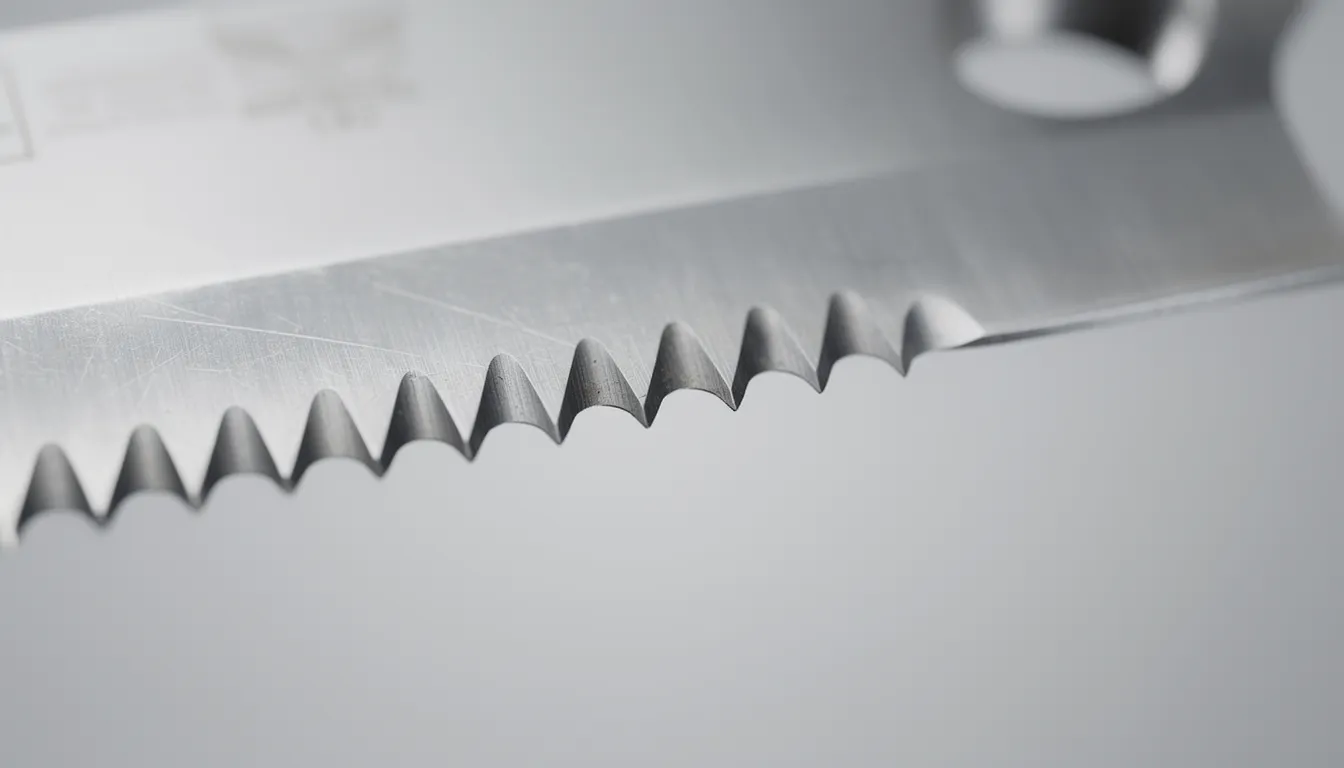 Närbild av 140mm donerknivsskära med 4 hål, skarpa tandmönster och metalliska reflektioner i professionell studiofotografering.