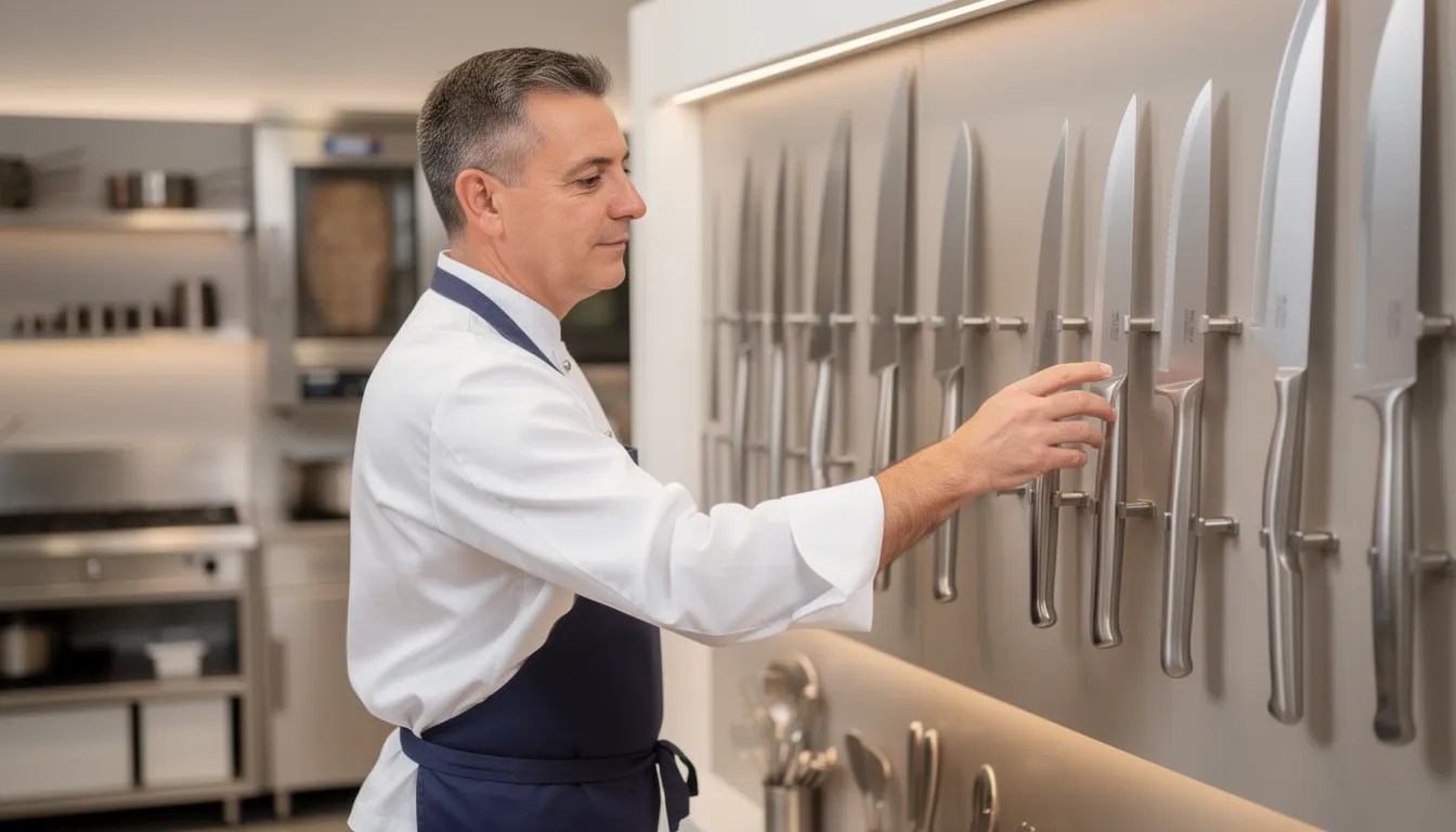 120mm doner knife blade comparison in commercial kitchen showroom with sharp focus on professional chef selecting blade.