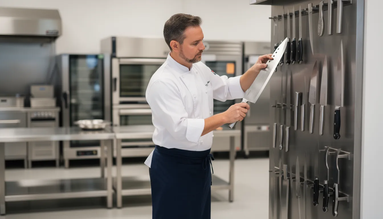 120 mm dönerknivblad jämförelse – Professionell kock väljer blad i köksshowroom, skarpa fokus och noggranna detaljer.