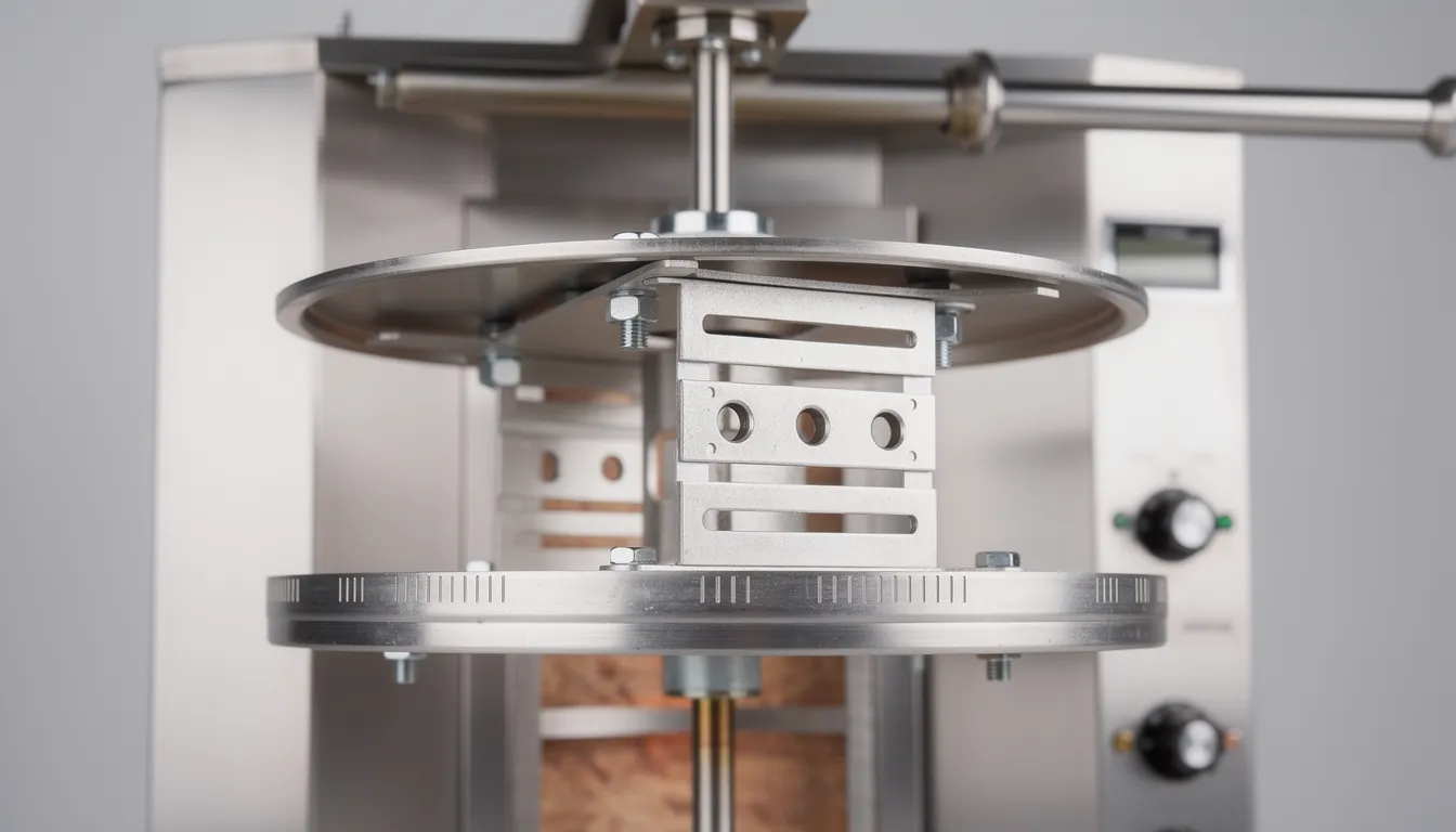 Precision-engineered doner knife blade for restaurants, displaying detailed mounting holes and secure fitting mechanism in a technical close-up, ensuring durability and hygiene for commercial kitchen use.