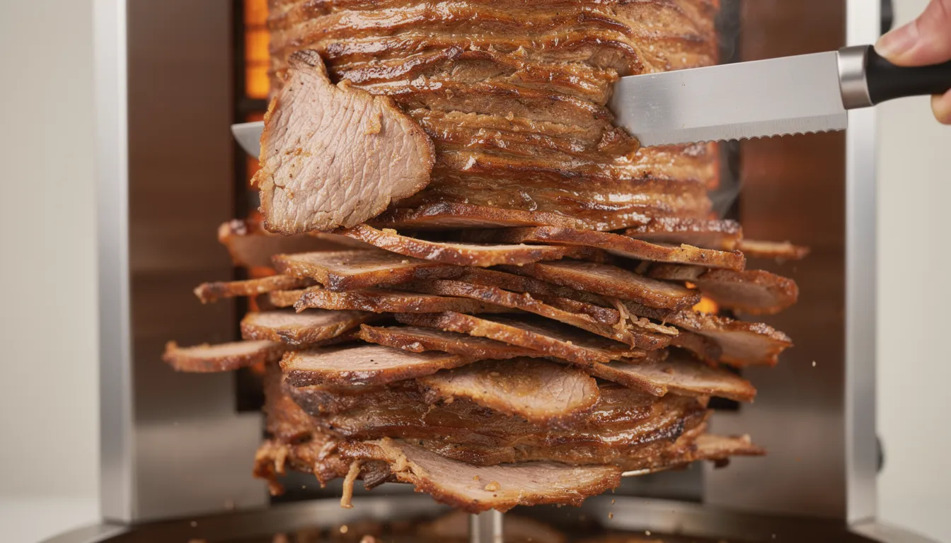 Sliced doner kebab meat falling from a sharp blade, highlighting the difference between serrated vs smooth doner knife blades in precision cuts.