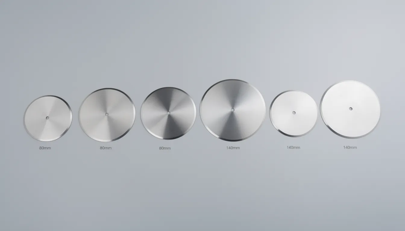 Photorealistic doner knife blade guide comparing 80mm to 140mm sizes on a clean surface for precise machine blade selection.