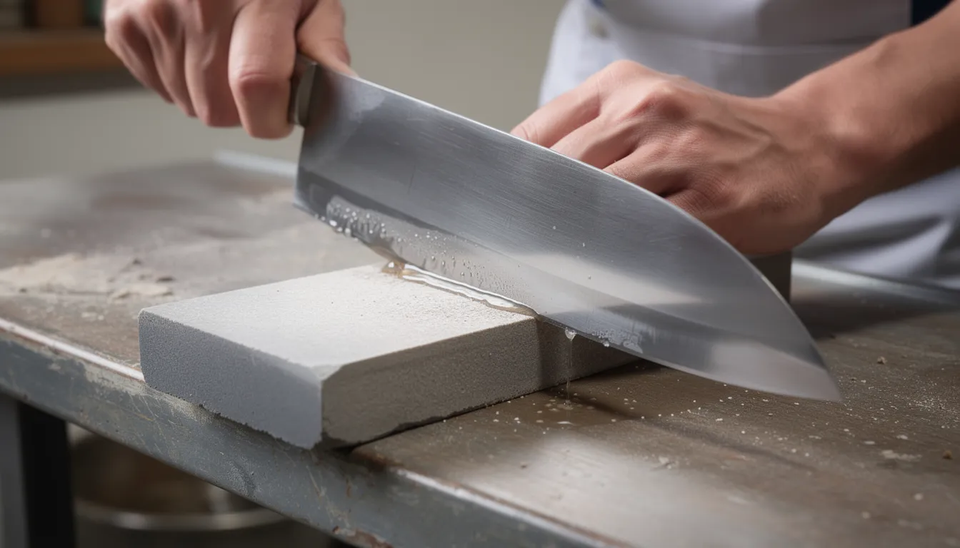 Närbild av dönerknivblad som vässas med vattenslabs i professionell workshop, hur man vässar dönerknivblad för perfekt skärpa 2026.