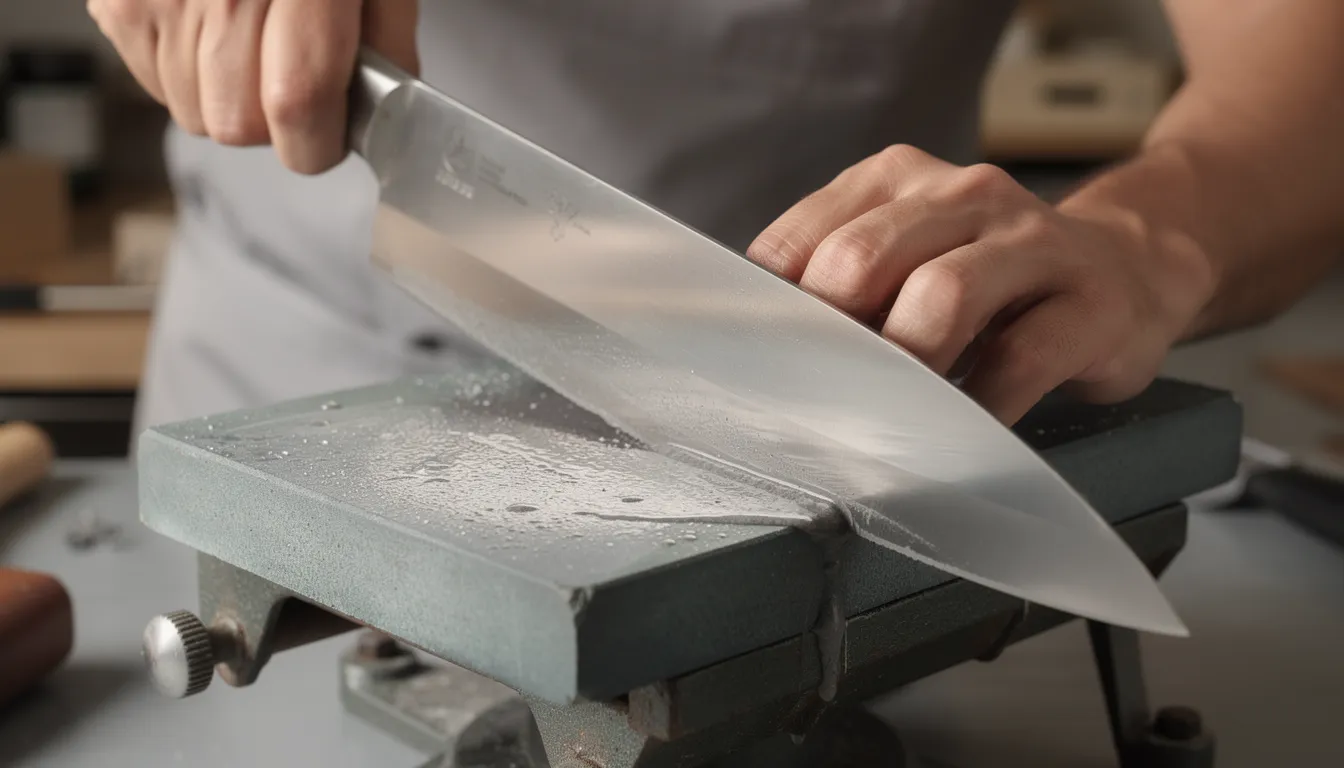 How to sharpen doner knife blade: Professionell närbild av dönerknivblad i vässning på vätgarn, verkstadsmiljö och skarp fokus.